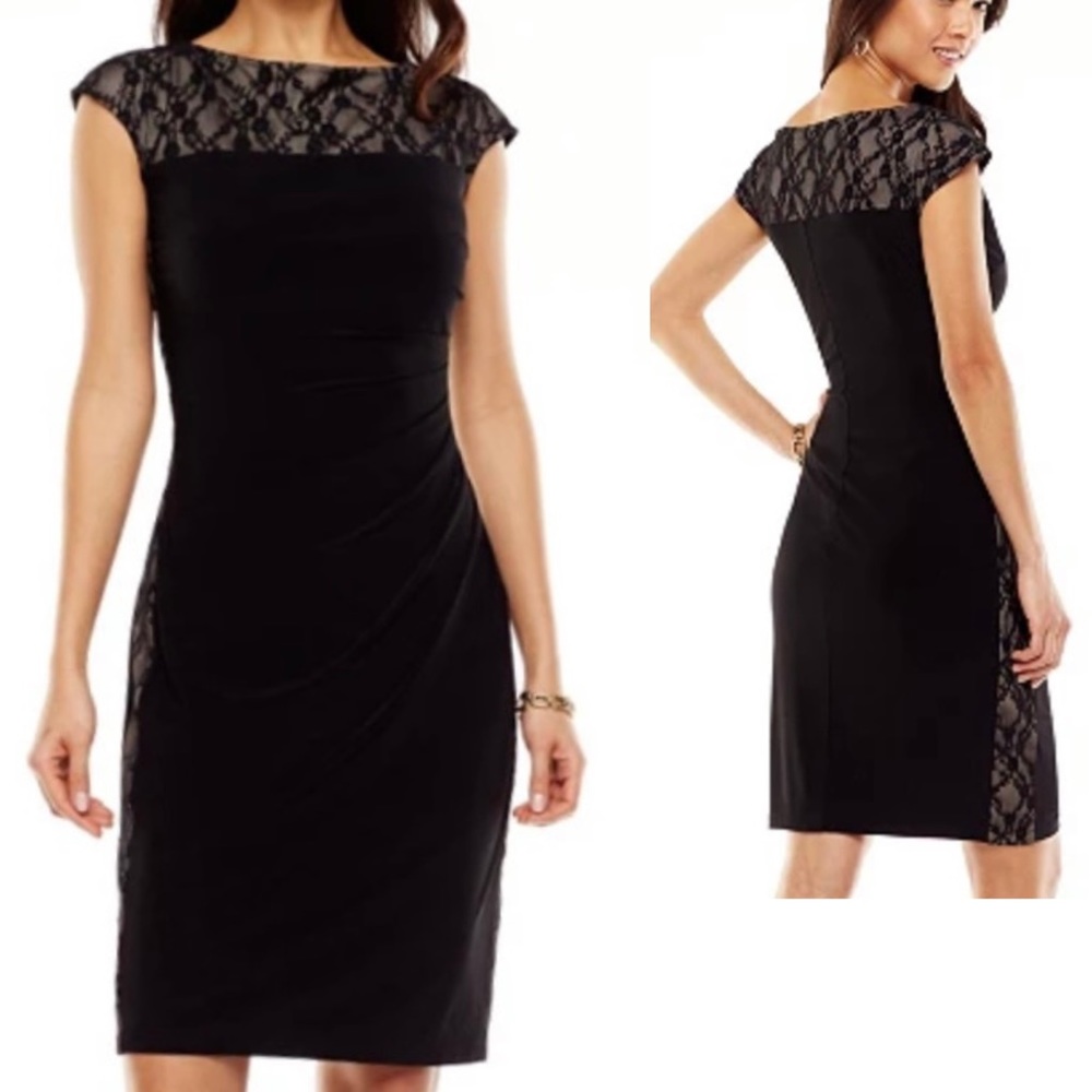 Chaps Black Cap Sleeve Boat Neck Illusion Lace Yoke Sheath Dress size Medium